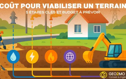 Illustration du coût pour viabiliser un terrain : ouvriers, pelleteuse, et réseaux (eau, électricité, gaz, internet) pour un projet de construction.