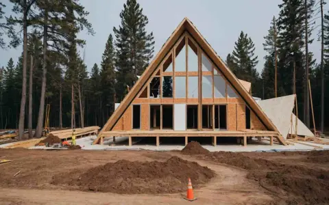 Maison en A en construction, un projet d'aide pour travaux fait soi-même. Bois, fenêtres et terrain en chantier.
