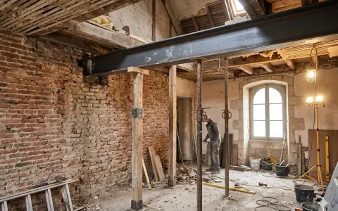 Un ouvrier travaille sous une poutre métallique soutenue par des étais, remplaçant un ipn mur porteur dans une maison en rénovation.