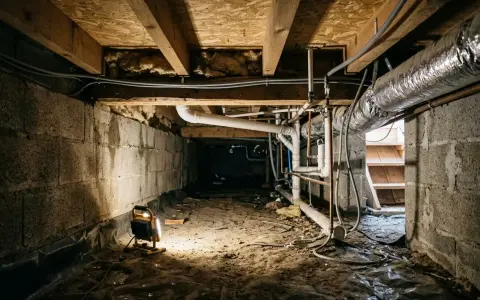 Éclairage d'un vide sanitaire humide, révélant des tuyaux, des conduits et des murs en blocs de béton.