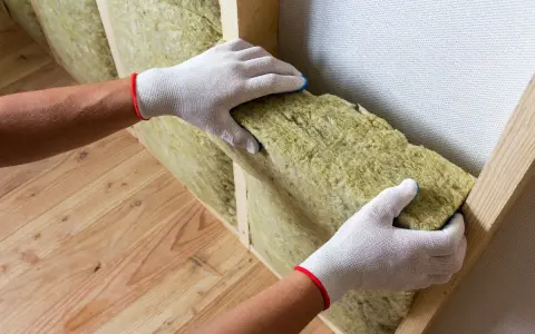 Mains gantées installent un isolant pour aider à isoler un mur humide.