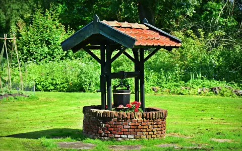 Un puits de briques rouges, orné de fleurs, avec un seau suspendu, prêt à creuser un puits pour abreuver le jardin verdoyant.
