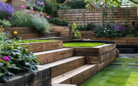 Jardin aménagé en terrasses sur un terrain en pente raide, avec des parterres de fleurs colorées et de l'herbe verte vive.