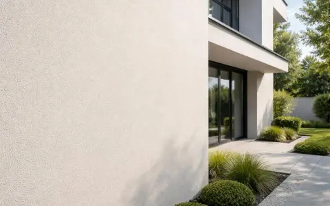 Un mur extérieur en enduit taloché blanc, avec une texture subtile, bordant un jardin moderne aux lignes épurées.