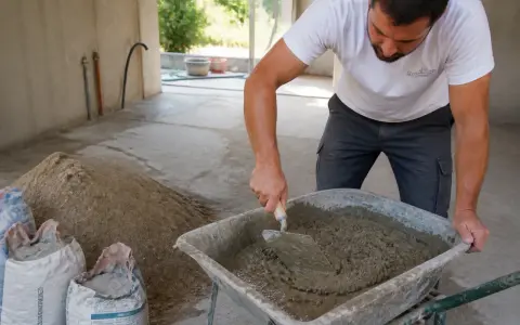 Un ouvrier mélange du ciment dans une brouette, préparant un chape maigre dosage pour une construction.