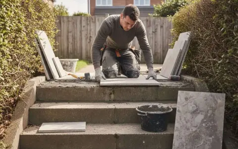 Un ouvrier pose des dalles sur un escalier extérieur en béton. Des outils et des matériaux sont à proximité.
