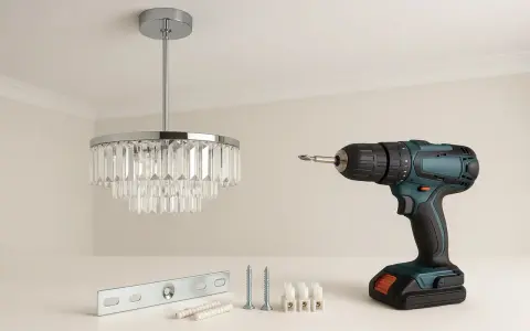 Comment fixer un lustre au plafond avec crochet : perceuse, vis, chevilles, connecteurs et un beau lustre en cristal.
