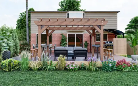 Un espace extérieur invitant avec pergola, salon, table et barbecue. Ce plan cuisine d'été est parfait pour recevoir.
