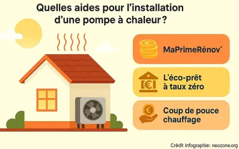 Aide pour installer une pompe à chaleur : MaPrimeRénov', éco-prêt à taux zéro, coup de pouce chauffage.