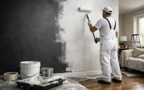 Un peintre en salopette blanche est en train de repeindre un mur de couleur sombre en blanc, utilisant un rouleau.