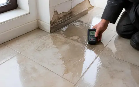 Un professionnel mesure l'humidité au sol carrelage près d'un mur endommagé par l'eau.