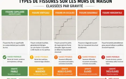 Guide des fissures sur les murs : microfissure, verticale, escalier, diagonale, horizontale. Aide à évaluer le budget rénovation maison.