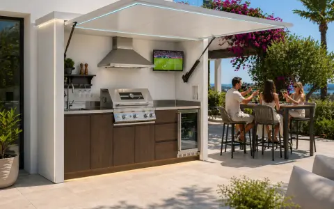 Idéal pour fabriquer un coin barbecue couvert : une cuisine extérieure moderne avec grill, évier, frigo et TV, où trois amis trinquent sous un auvent rétractable.