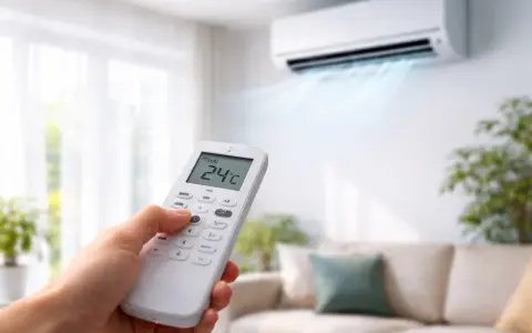 Main tenant utilise la télécommande pour le réglage clim, affichant 24°C. L'air frais sort du climatiseur.