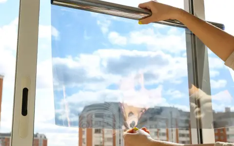 Application d'un film pour l'isolation des fenêtres. Mains tenant un film transparent devant une fenêtre avec un ciel bleu et des nuages.