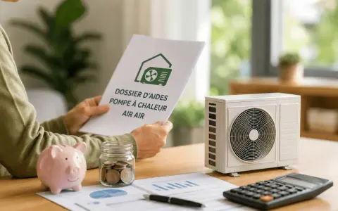Une personne examine un dossier d'aide pour pompe à chaleur air air, avec une tirelire et un appareil extérieur à proximité.