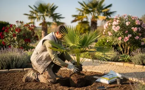 Un jardinier plante un jeune palmier, ajoutant une touche tropicale à son projet de création de jardin.