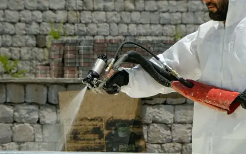 Un ouvrier en combinaison blanche applique une isolation mousse projetée sur un mur de pierres.