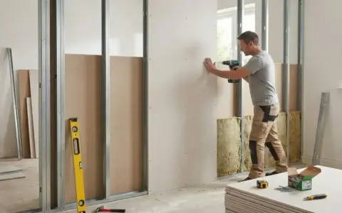 Un homme utilise une perceuse pour monter une cloison en placo sur une structure métallique. Des matériaux d'isolation sont visibles.