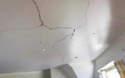 Un plafond qui s'effrite, révélant des fissures sombres et des morceaux de plâtre tombés. La lumière douce éclaire les imperfections.