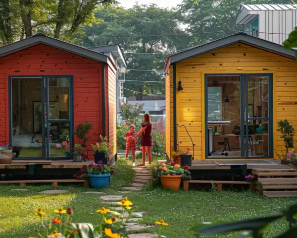 Deux petites maisons colorées, rouge et jaune, dans un jardin fleuri. On peut mettre 2 abris de jardin de 5m2 côte à côte, comme ici.
