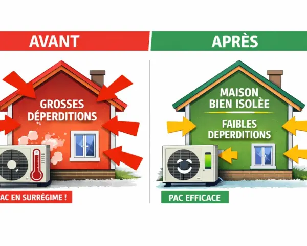 Avant : maison rouge avec grosses déperditions, PAC en surrégime. Après : maison verte bien isolée, faibles déperditions, PAC efficace.