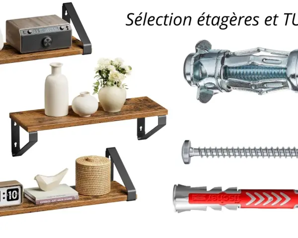 Étagères en bois rustique et fixations pour placo, idéales pour fixer vos étagères.