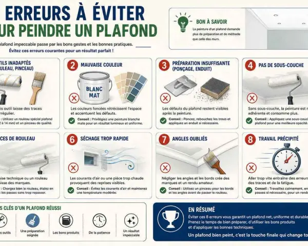 Guide pour peindre un plafond : évitez 8 erreurs courantes pour un résultat impeccable. Quelle peinture pour plafond choisir ? Privilégiez le blanc mat pour un fini lumineux.