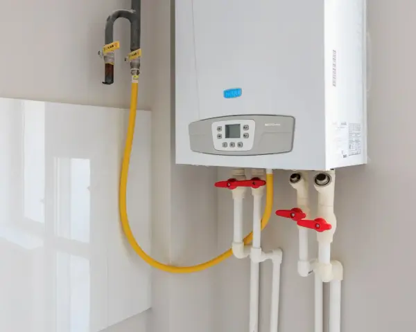 Installation d'un ballon d'eau chaude Baxi. Tuyaux de gaz et d'eau avec robinets rouges.