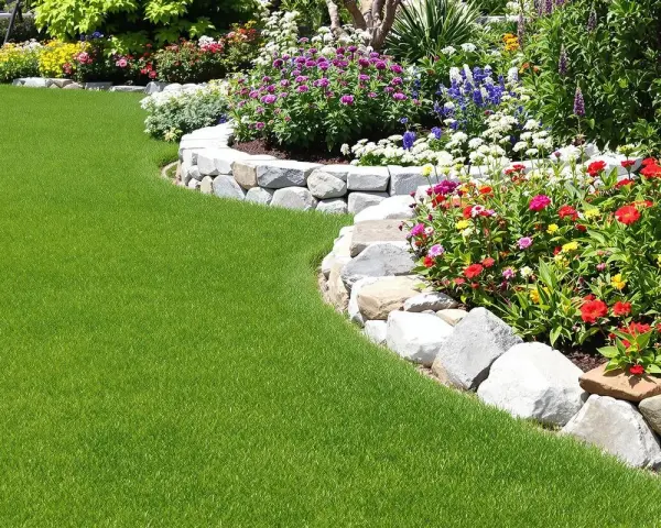 Magnifique pelouse verte bordée de fleurs colorées et d'une murette en pierres, parfaite pour faire bordure jardin.