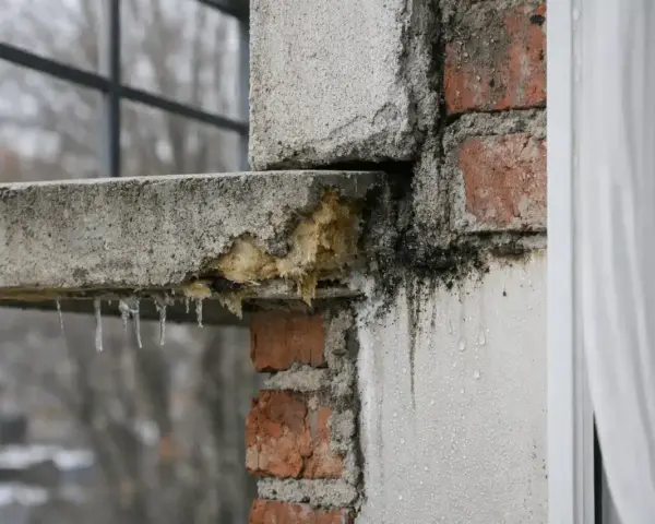 Détérioration d'un balcon en béton, avec des stalactites de glace et des traces de moisissure. Un pont thermique favorise la condensation et la dégradation.