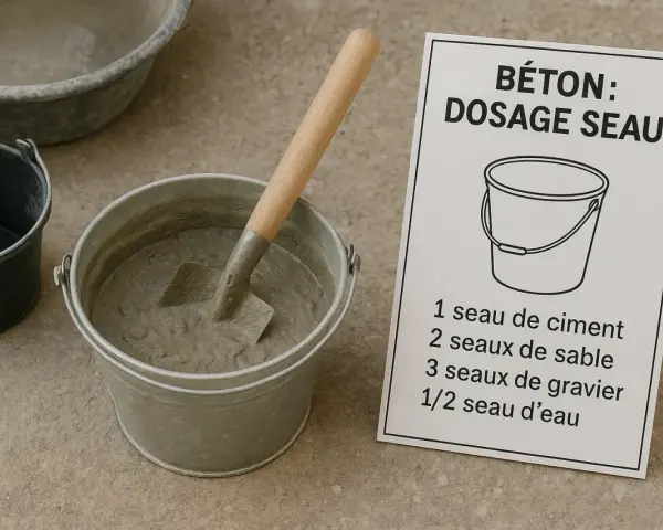 Préparation du béton : un seau de ciment, du sable, du gravier et de l'eau sont prêts à être mélangés.