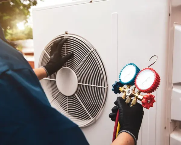 Technicien effectuant l'entretien d'une pompe à chaleur air/air, vérifiant la pression avec un manomètre.