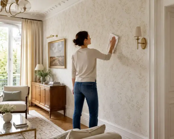 Une femme nettoie un mur avec un papier peint à motifs de feuilles. Elle utilise un chiffon pour peindre sur du papier peint, peut-être pour le rafraîchir.