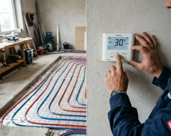 Mise en chauffe plancher chauffant avant carrelage : un technicien règle le thermostat. Les tuyaux rouges et bleus sont prêts pour le béton.