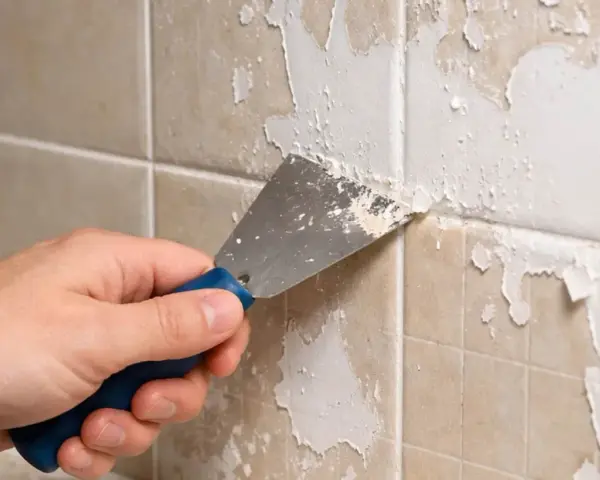 Main tenant enlever peinture sur carrelage avec une spatule. La peinture s'écaille, révélant le carrelage beige en dessous.