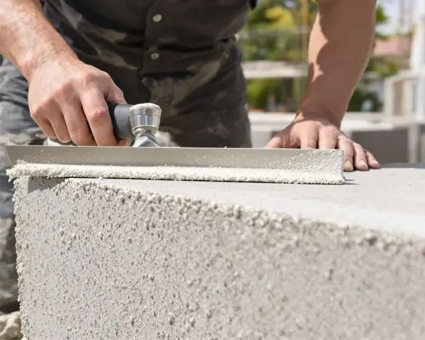 Un maçon applique du mortier sur un bloc de béton cellulaire extérieur pour la construction d'un mur.
