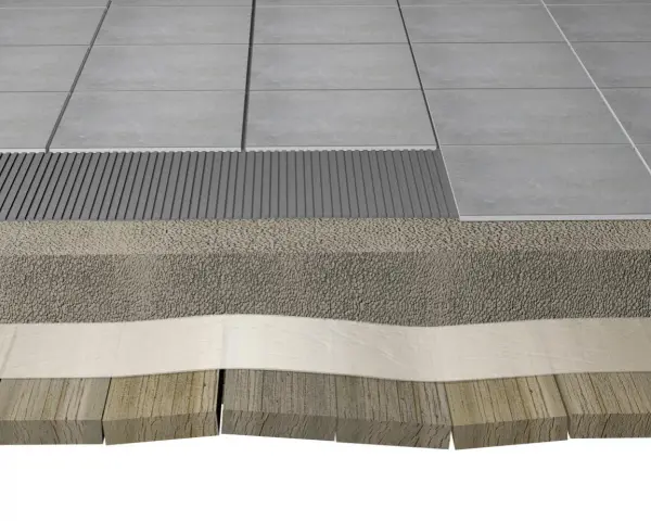 Coupe d'un sol : chape allégée sur plancher bois, avec carrelage et sous-couche drainante.