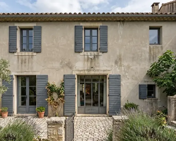 Maison en pierre avec volets gris, idéale pour une aide pour isolation extérieure. Jardin fleuri et pavé devant.