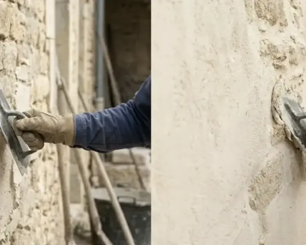 Application d'un enduit pierre vue sur un mur ancien. Un artisan applique le mortier avec une truelle, révélant la texture brute des pierres.