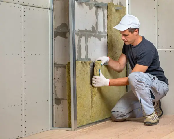 Pose d'isolant dans un mur intérieur de maison ancienne. Un ouvrier installe la laine de roche dans une ossature métallique avant la pose des plaques de plâtre.