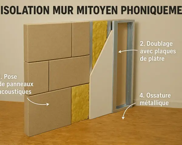 Isolation phonique mur mitoyen : panneaux acoustiques, laine minérale, ossature métallique et plaques de plâtre.
