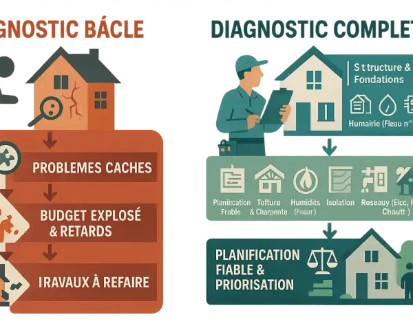 Diagnostic bâclé vs. complet pour rénover sa maison : problèmes cachés, budget explosé et travaux à refaire, ou planification fiable et priorisation.