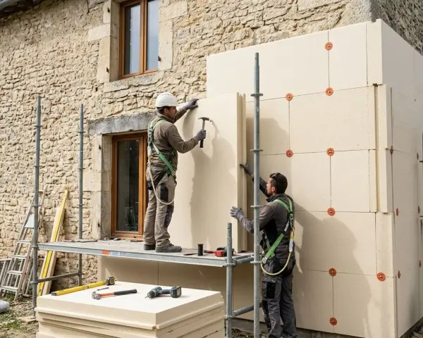 Deux ouvriers installent des panneaux isolants sur un mur de pierre. Ils utilisent des échafaudages et des outils pour fixer le matériau, assurant ainsi le meilleur isolant thermique pour la bâtisse.