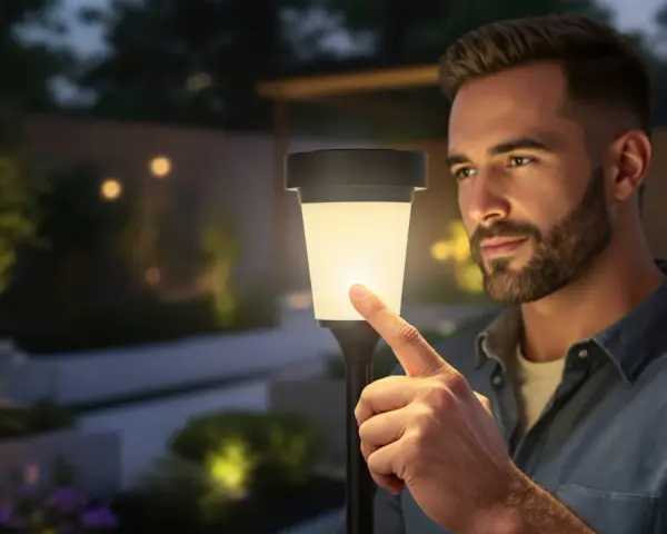 Un homme touche une lampe solaire extérieure, illustrant le fonctionnement on/off de l'éclairage de jardin.