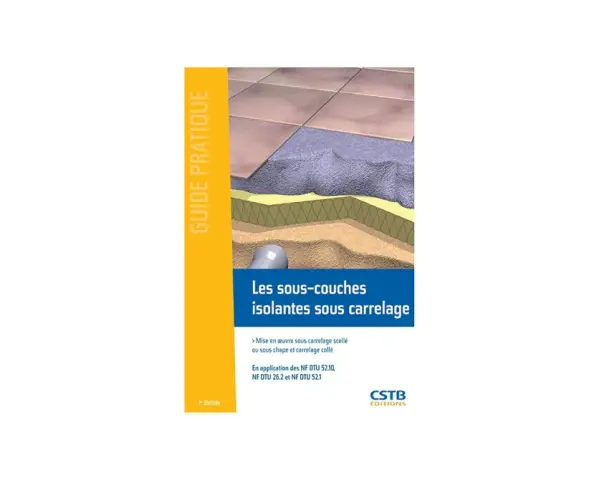 Illustration d'une coupe de sol montrant les couches d'une sous-couche acoustique pour carrelage, avec des carreaux en haut.