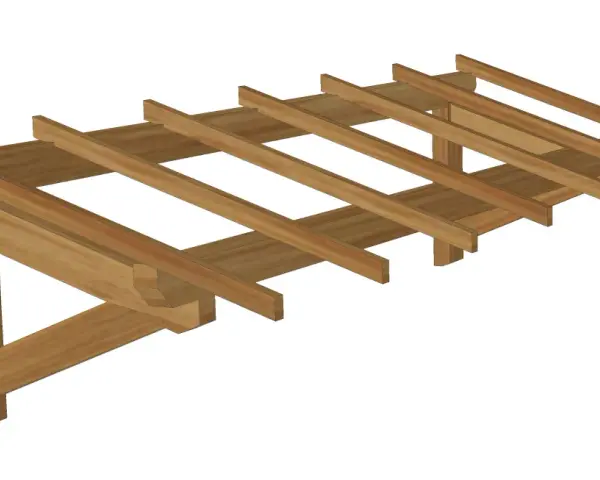 Plan pour fabriquer une marquise en bois. Structure en bois avec poutres et chevrons, prête à être assemblée pour créer une ombrelle.