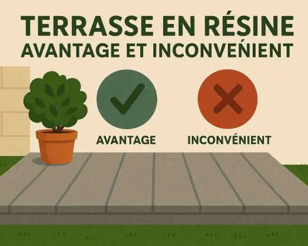 Illustration sur la terrasse en résine : avantage et inconvénient. Un arbre en pot, un symbole de coche verte et un symbole de croix rouge.