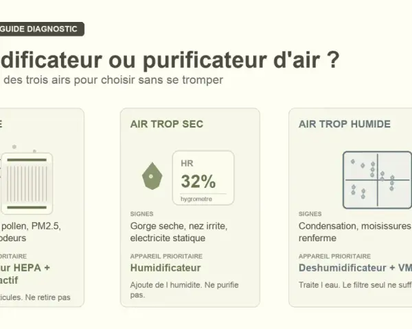 Guide pour choisir entre humidificateur et purificateur d'air. Il présente trois scénarios : air sale, air trop sec (taux humidité maison 32%) et air trop humide.