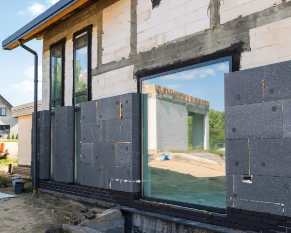 Maison en construction avec panneaux de polystyrène gris fixés pour le ravalement et isolation extérieure.